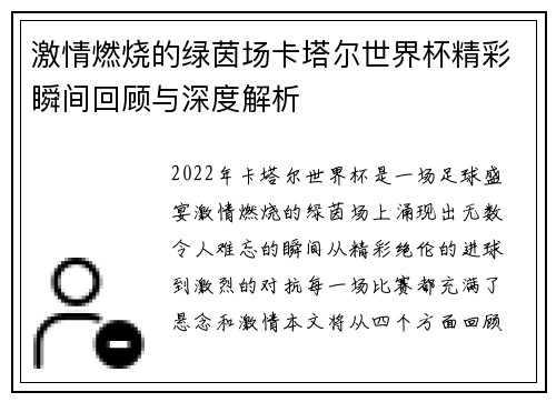 激情燃烧的绿茵场卡塔尔世界杯精彩瞬间回顾与深度解析