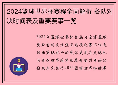 2024篮球世界杯赛程全面解析 各队对决时间表及重要赛事一览