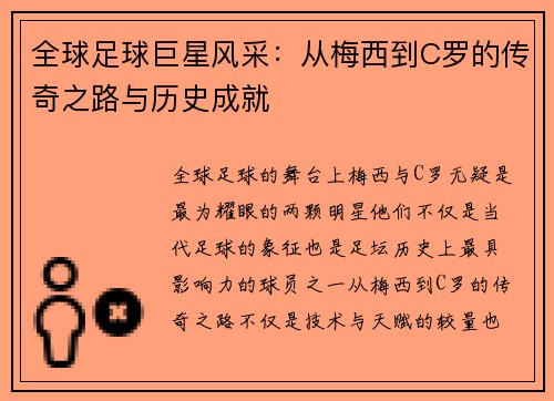 全球足球巨星风采：从梅西到C罗的传奇之路与历史成就